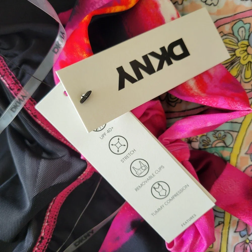 DKNY One Piece Swimsuit Size M Pink Halter Tummy Compression UPF 40 Stretch NEW - Picture 3 of 8